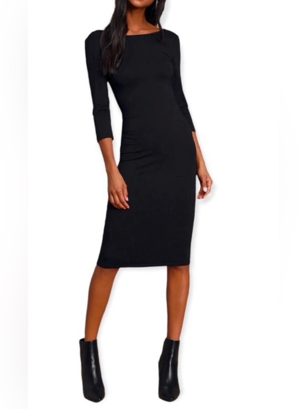 Lulus Va Va Voom Black Bodycon Low Back Stretch  Midi Dress Size S